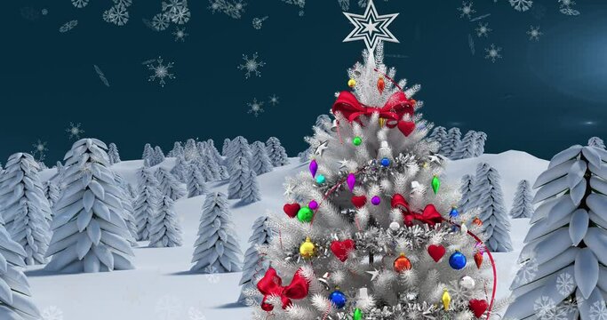 Animation of winter scenery with christmas tree and snow falling on blue background