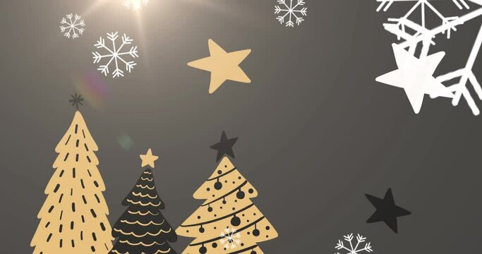 Animation of christmas winter scenery with christmas trees and snow falling