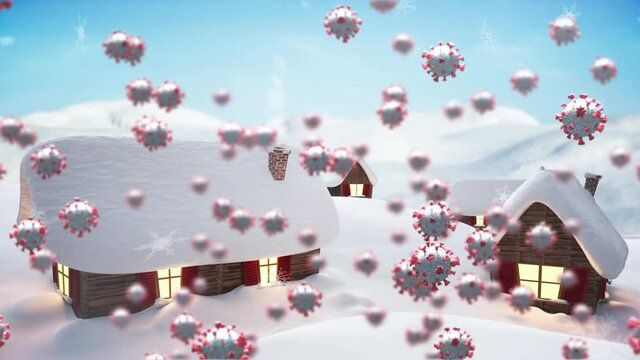 Animation of covid 19 cells moving over winter scenery with snow covered houses and snow falling
