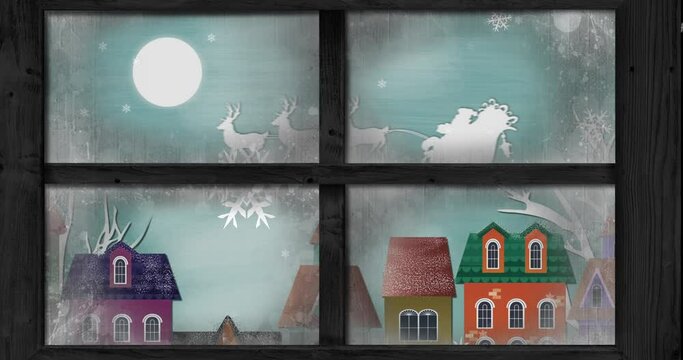 Animation of white silhouette on santa claus in sleigh being pulled by reindeer with winter scenery 
