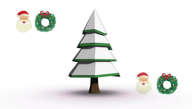 Animation of christmas tree spinning with santa claus and christmas decorations on white background