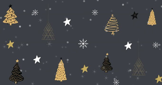 Animation of christmas trees and stars decorations hanging with snow falling on grey background