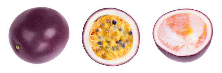 whole passion fruits half isolated on white background. maracuya with clipping path. Top view. Flat lay. Set or collection