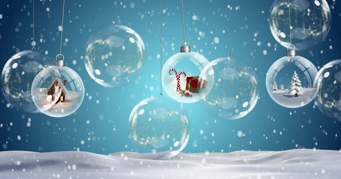 Animation of clear christmas baubles hanging and snow falling on blue background