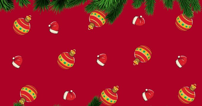 Animation of christmas baubles and santa hats moving with fir tree branch on red background