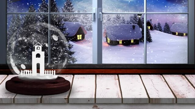 Animation of snow globe with church tower and winter christmas scenery with snow falling