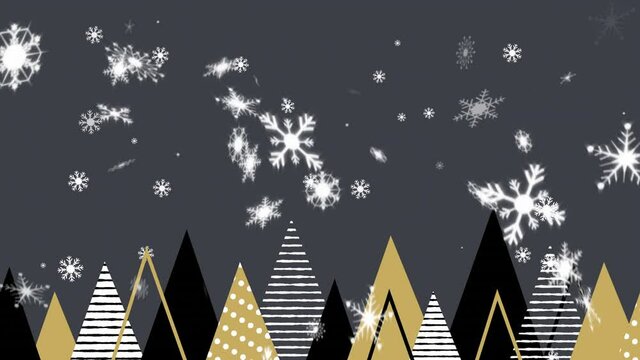 Animation of christmas trees and snow falling on grey background