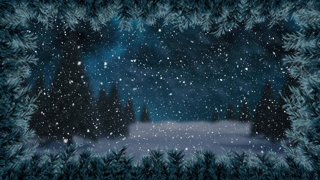 Animation of christmas winter scenery with snow falling over trees and fir tree