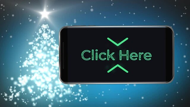 Digital animation of click here neon text on smartphone screen against glowing christmas tree on blu