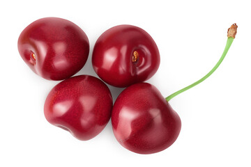 red sweet cherry isolated on white background with clipping path . Top view. Flat lay