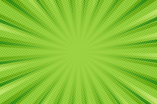 Pop art background for poster or book in green color. Radial rays backdrop with halftone effect in comics style design.