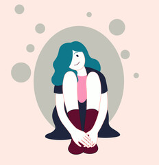 Modern girl sits hugging legs.
A girl sitting on the floor presses her legs to her. Bubbles background.
