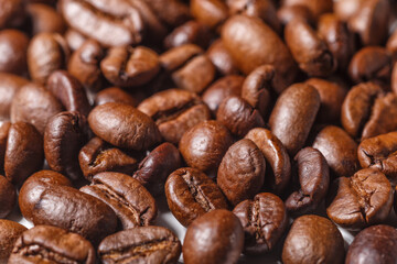 Freshly roasted coffee beans background.Dark roasted coffee beans with scoop on wooden background.