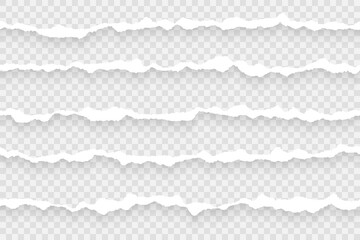 Set of realistic vector illustrations of ripped sheets with soft shadow. Horizontally seamless torn paper edges.