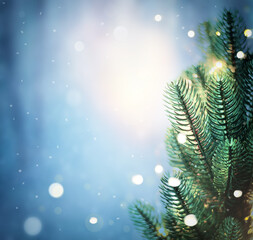 Fototapeta na wymiar Christmas lights and pine branches and snow. Winter. Christmas. Blue festive winter background.