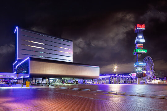 AMSTERDAM-NOVEMBER 4, 2020. The RAI convention Center at nighttime. It is a complex of conference and exhibition halls opened in 1961, currently it welcomes annually up to two million visitors.