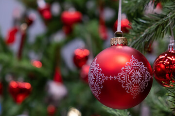 red christmas ball on tree
