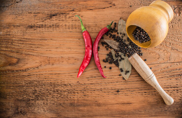Set of ingredients and spice for cooking natural mortar on wooden old retro vintage aged board...