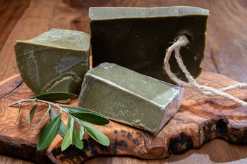 Blocks of handmade bio vegetal natural olives and bay leaf soap