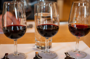 Professional tasting of different fortified dessert ruby, tawny port wines in glasses in porto cellars in Vila Nova de Gaia, Portugal