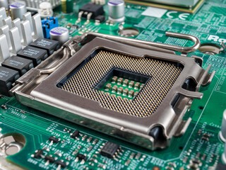 contacts for connecting the CPU on the motherboard to the processor socket, close-up macro, selective focus, selection of computer components for games and work