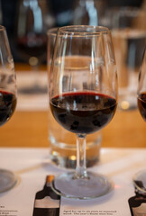 Professional tasting of different fortified dessert ruby, tawny port wines in glasses in porto cellars in Vila Nova de Gaia, Portugal