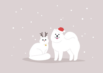 Cute white cat and dog wearing Christmas outfits, winter season, snowflakes in the background