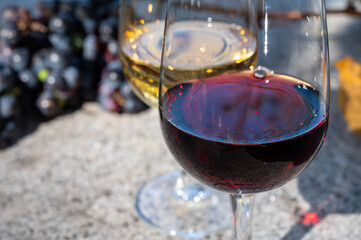 Outdoor tasting of different fortified port wines in glasses in sunny autumn, Douro Valley, Portugal