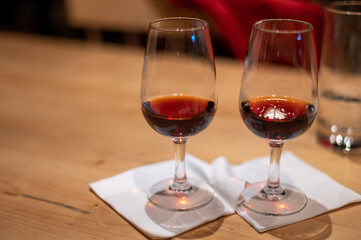 Professional tasting of different fortified dessert ruby, tawny port wines in glasses in porto cellars in Vila Nova de Gaia, Portugal