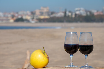 Tasting of different fortified dessert ruby, tawny port wines in glasses on sandy beach with view on waves of Atlantic ocean near Vila Nova de Gaia and city of Porto, Portugal