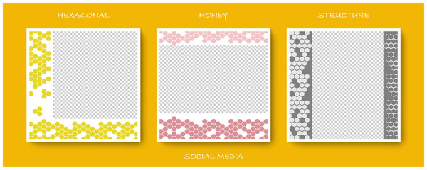 Social media editable post banner with hexagonal structure. Web banners for social media. Clear and simple colorful honey design, vector illustration.