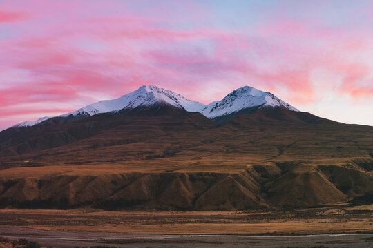 Alpine sunrise over the mountains, Lake Clearwater, Southern Alps, NZ