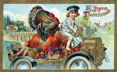 Young girl in a white apron, driving a delivery truck loaded with vegetables and a turkey. Vintage Thanksgiving Theme Postcard, restored artwork, colors, details enhanced. Festive Autumn illustration