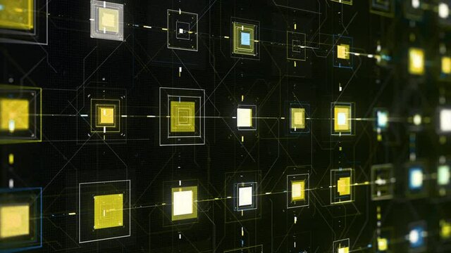 Macro electronic part of a computer, abstract technological background. Animation. Virtual artificial intelligence, rows of colorful moving figures connected by narrow lines.