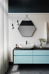 Interior of a modern bathroom with a hexagonal mirror and mosaic walls. 3d rendering