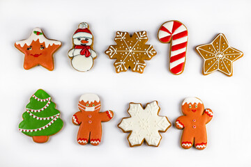 Christmas gingerbread. Delicious homemade gingerbread. Christmas homemade gingerbread. Gingerbread on white on an isolated background. Isolate. View from above. Copspace