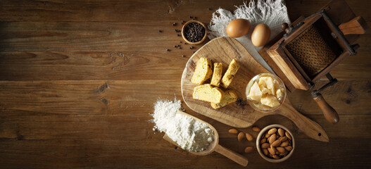 Savory biscuit with parmesan and almonds, homemade shortbread, top view, space for text.