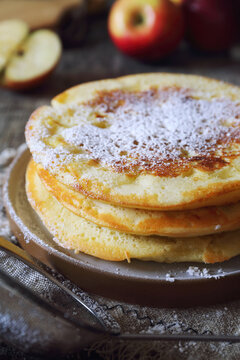 French cuisine. Matefaim. Sweet Apple Pancakes, powdered sugar dressing