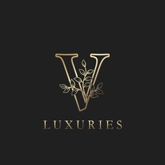 Gold luxury Floral Leaf Initial Letter V Logo Concept Outline Monogram Ornate Leaves Vector Design