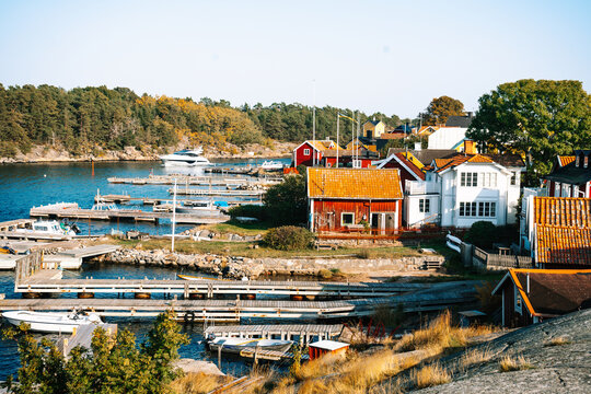 Classic red and white Swedish houses on Sandhamn in the Stockholm Archipelago