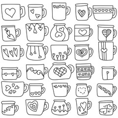 Set of contour doodle cups with hearts in different variations, cozy cups for Valentine's day, coloring page with cute drink mugs
