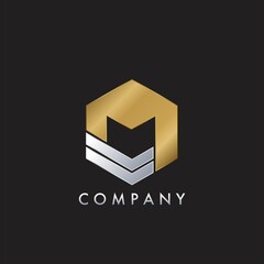 Geometrical Hexagon M Letter Logo, Elegance Gold and Silver for Apartment Real Estate, Property, hotel and architecture business identity.
