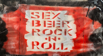 Background of rock and roll music, sex, beek, old rusty wall background Poster design inscription