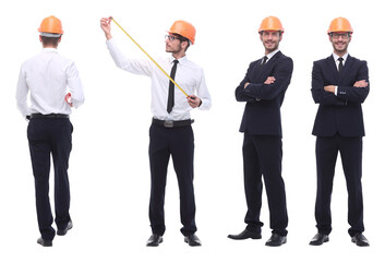 panoramic photo collage of architect engineer isolated on white