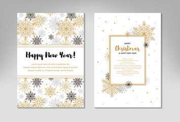 Two side Vertical Merry Christmas and New Year greeting card with beautiful golden snowflakes on white background. Frame with space for text