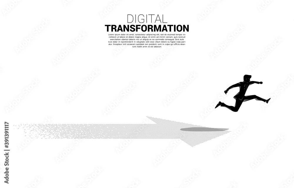 Aufkleber silhouette of businessman jumping on the arrow from pixel. concept of digital transformation of busi