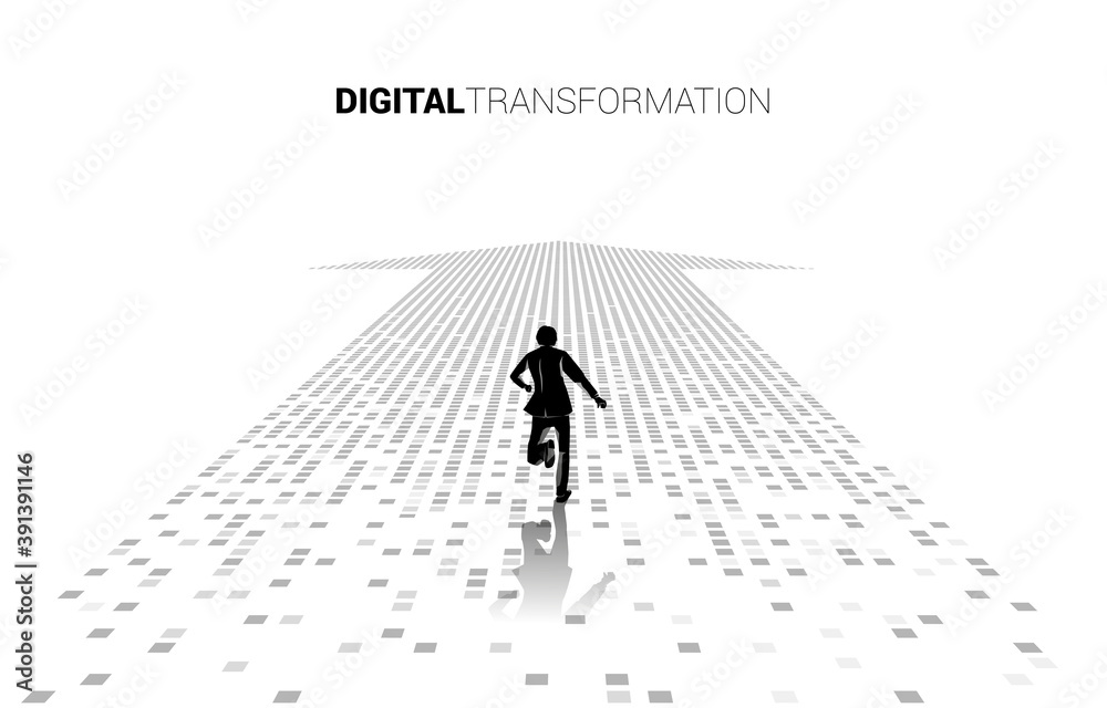 Poster silhouette of businessman running on the arrow from pixel. concept of digital transformation of busi