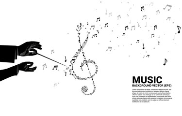Vector silhouette of conductor hand with music melody shape sol key note dancing flow . Concept background for song and concert theme. - obrazy, fototapety, plakaty