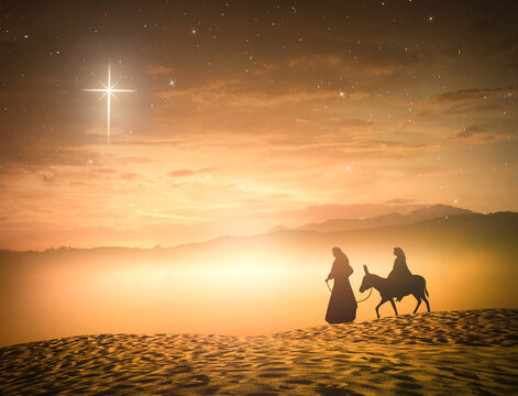 Nativity Christmas concept: Silhouette pregnant Mary and Joseph with a donkey on star of cross background