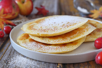 French cuisine. Matefaim. Sweet Apple Pancakes, powdered sugar dressing